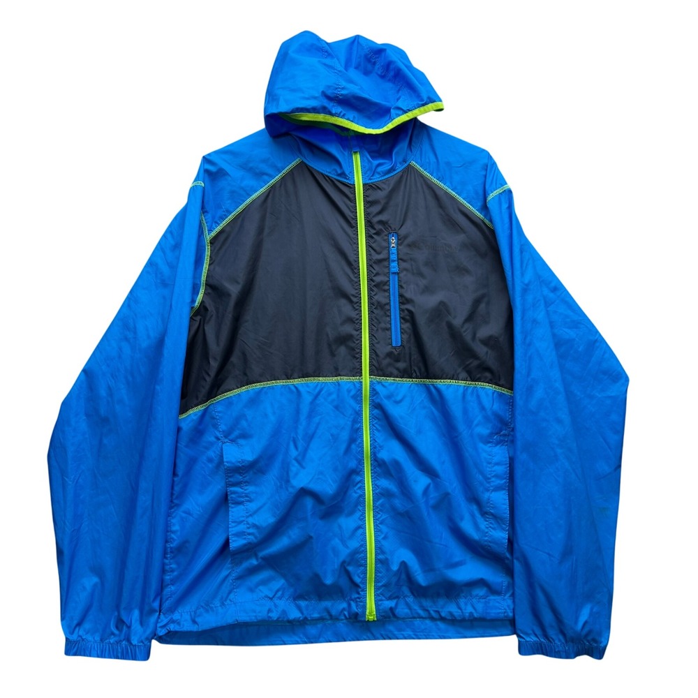 Columbia Windbreaker Jacket Men's L Blue Neon Green Full Zip Hooded Lightweight